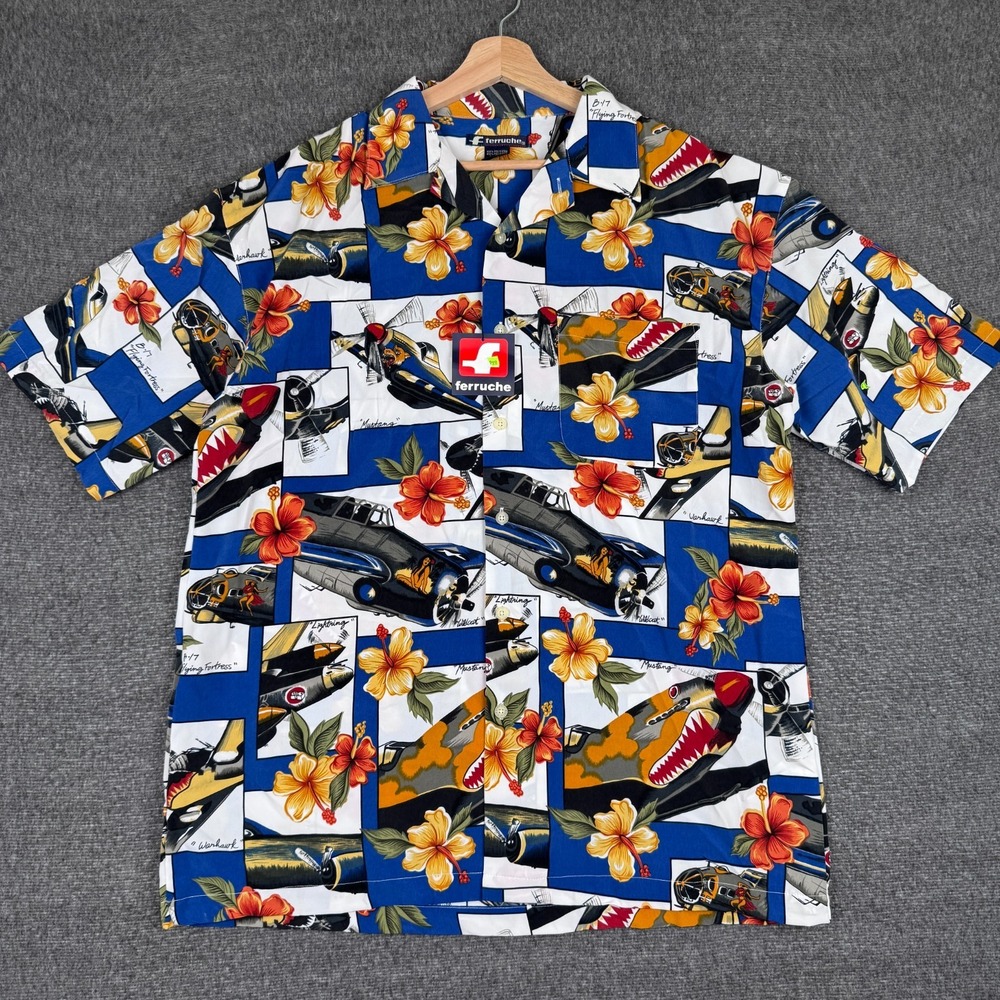 Vintage Ferruche Hawaiian Shirt Men's L Button Short Sleeve Floral Fighter Jet - Picture 1 of 7